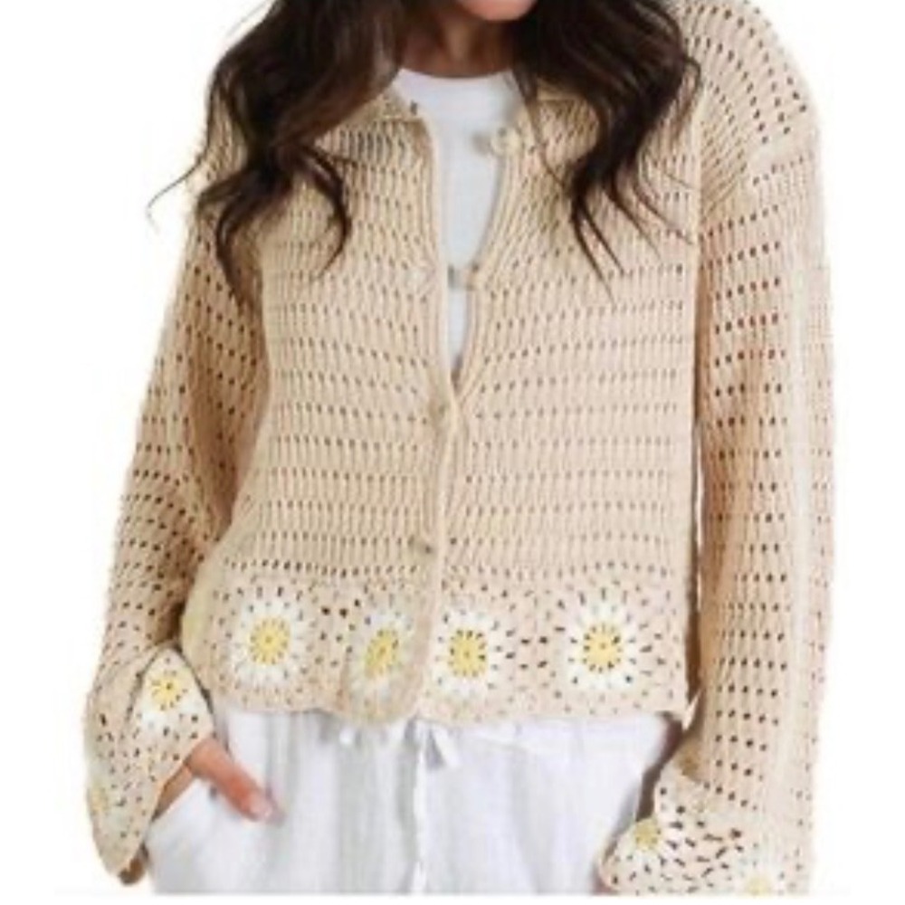 Storia Beige Open Knit Daisy Crochet Floral Cardigan Sweater Large NWT